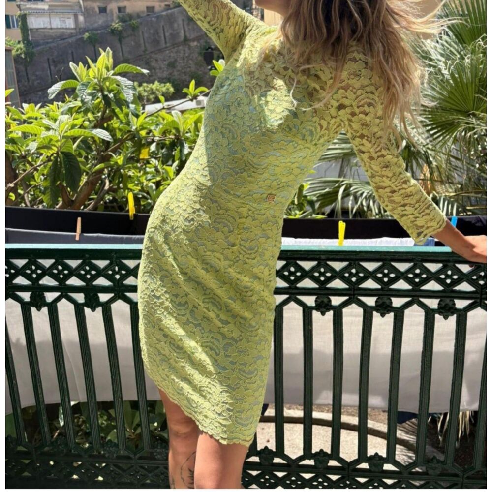 Class Roberto Cavalli Lime Green Lace Dress Two Tone Blue Lining Women's Size 8